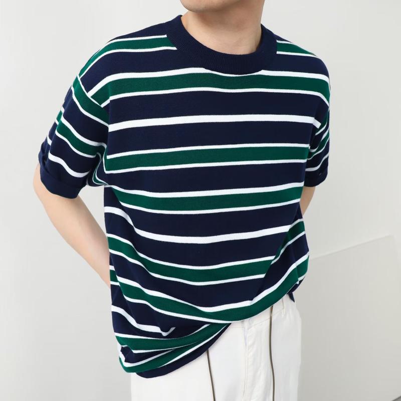 Tシャツ メンズ 半袖 サマーニット カットソー トップス プルオーバー 幾何学柄 ボーダー ストライプ クルーネック 丸首 ゆったり 伸縮性 吸汗 通気性 快適 カジュアル 普段着 部屋着 インナー ホワイト ブルー グレー