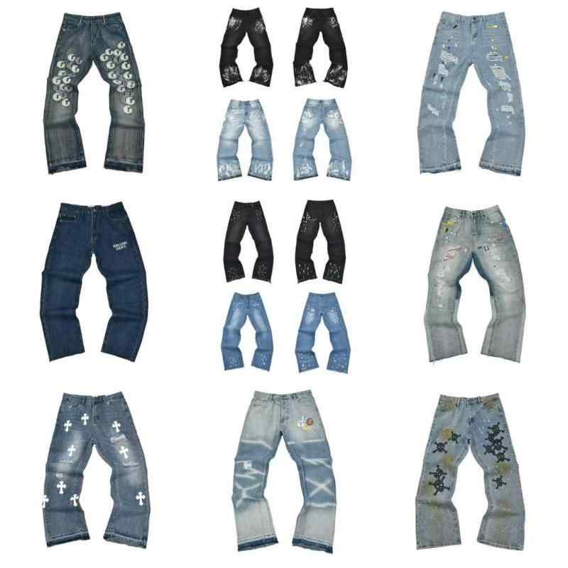 デニムパンツ ジーンズ メンズ レディース 男女兼用 ロングパンツ ジーパン 長ズボン ボトムス ストレート ワイド 微フレア ヴィンテージ風 ダメージ加工 ウォッシュ加工 ペイント 散りばめ 刺しゅう 綿 コットン 伸縮性 カジュアル オールシーズン