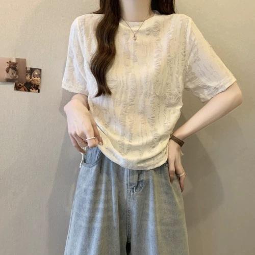 Tシャツ レディース 半袖 トップス カットソー プルオーバー クルーネック 丸首 ぽっちゃり 体型カバー 着痩せ 大きいサイズ クラッシュ加工 破洞 ドローストリング ギャザー 変形ヘム アシンメトリー 無地 カジュアル 普段使い グレー 杏