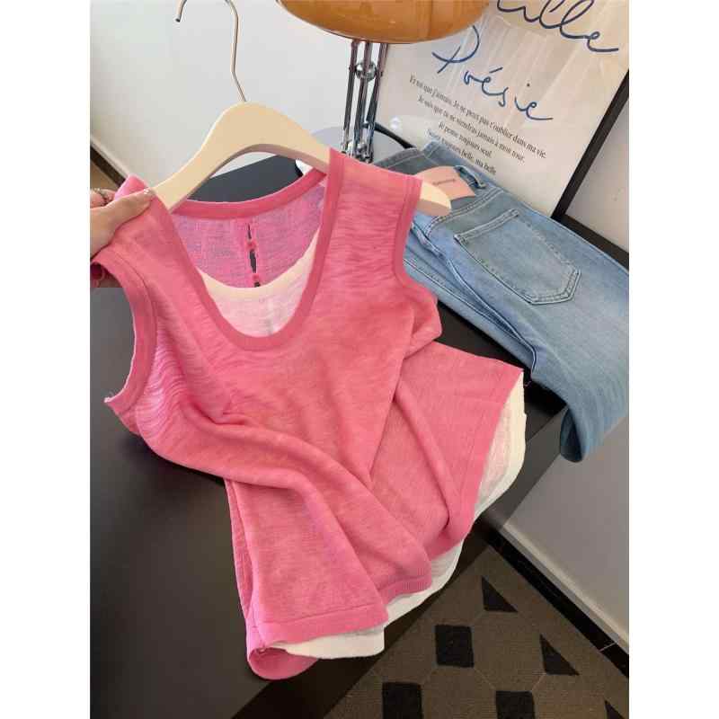 ・カテゴリ: Tシャツ・スタイル: お姉系・主な素材: その他・ネックライン: クルーネック・袖丈: ノースリーブ・シルエット: スリムフィット・着丈: 普通（50cm超65cm以下）・袖型: レギュラー・デザイン: プリント・カラー展開: ローズピンク、ブルー・サイズ展開: フリーサイズ