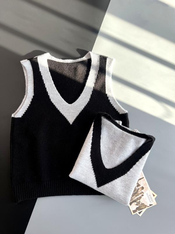 ベスト レディース ニットベスト ジレ チョッキ Vネック ノースリーブ トップス スクール ガールズ スクール風 制服風 レイヤード 重ね着 配色 バイカラー 切り替え プレッピー カジュアル フェミニン 普段使い 通学 秋 グレー 黒