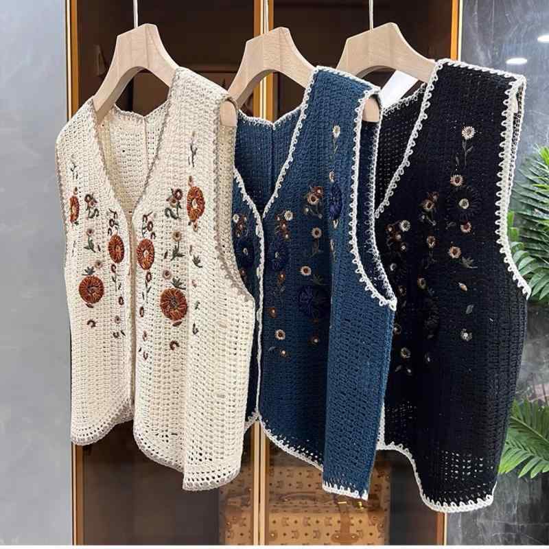 ベスト レディース ニットベスト ニット ジレ チョッキ トップス レイヤード 重ね着 Vネック 刺繍 レース 透かし編み カーディガン ショート丈 ウール混 羽織り 前開き ボタン 暖かい ノースリーブ 伸縮性 アウター カジュアル 通勤 春 秋 杏