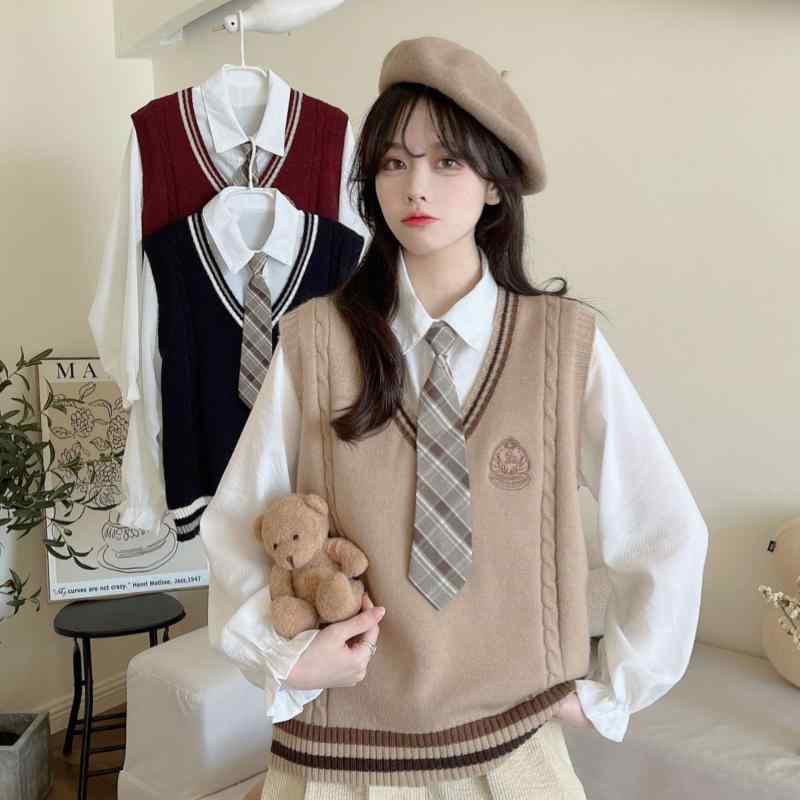 ベスト レディース ニットベスト ジレ チョッキ トップス セーター ノースリーブ Vネック スクール風 プレッピー 疊み着 重ね着 アウター カジュアル 宽松 体型カバー 通勤 通学 ポリエステル 無地 立体 3D 赤 青 カーキ フリーサイズ 秋冬