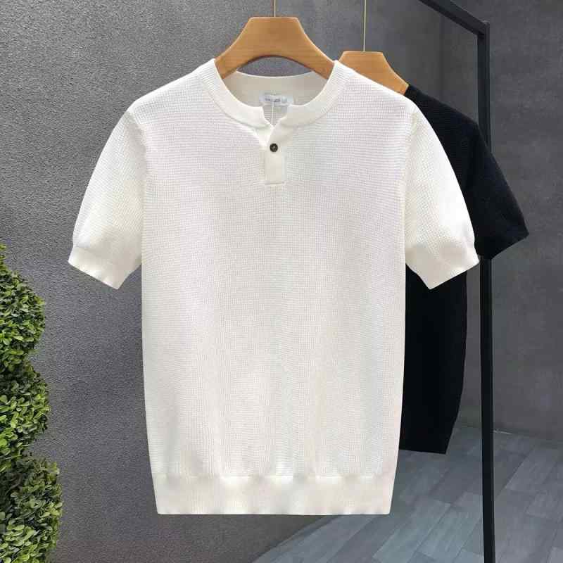 Tシャツ メンズ 半袖 ヘンリーネック リブ ニット トップス 接触冷感 ティーシャツ カットソー プルオーバー 立ち襟 無地 薄手 伸縮性 ストレッチ 通気性 防シワ カジュアル インナー 白 黒