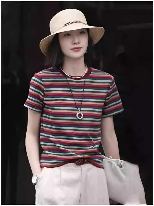 Tシャツ レディース カットソー トップス 半袖 丸首 クルーネック カラフル マルチボーダー しましま ストライプ 5分袖 プルオーバー 赤 レッド コットン 綿100% 伸縮性 普段使い 通勤用 カジュアル キュート オフィスカジュアル 上品 スリム