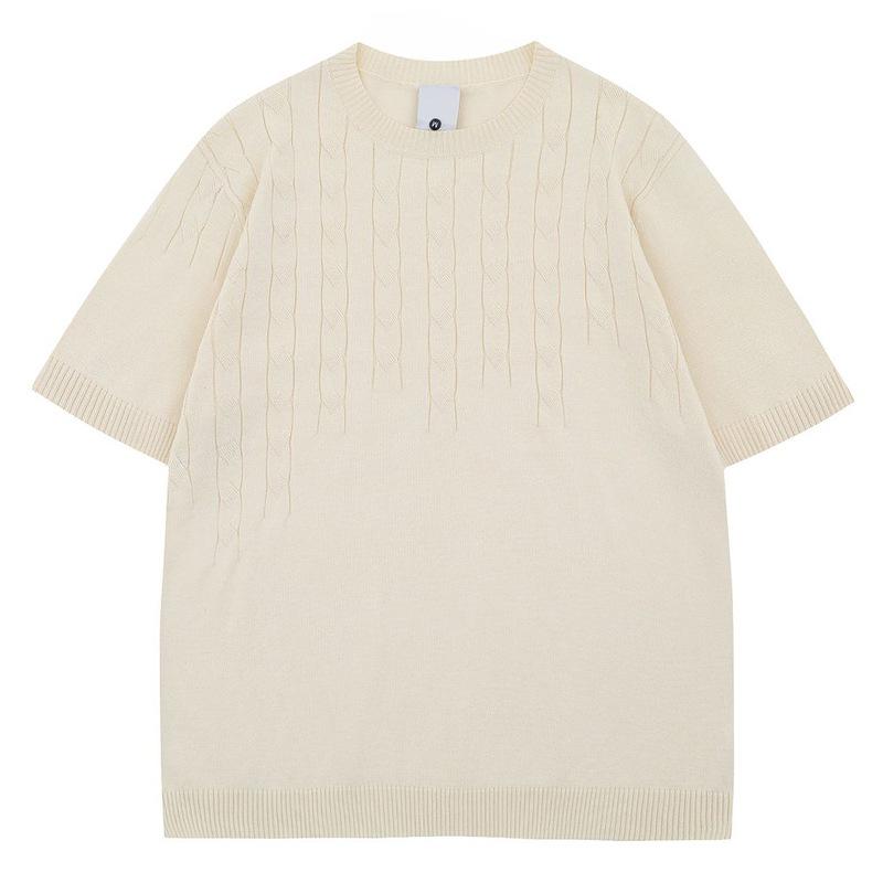 Tシャツ メンズ 春夏 半袖 カットソー トップス クルーネック 丸首 ニット サマーニット プルオーバー ティーシャツ アメリカン カジュアル ストリート レトロ クラシック 無地 ルーズ ゆったり 普段使い 部屋着 綿 コットン 灰色 杏