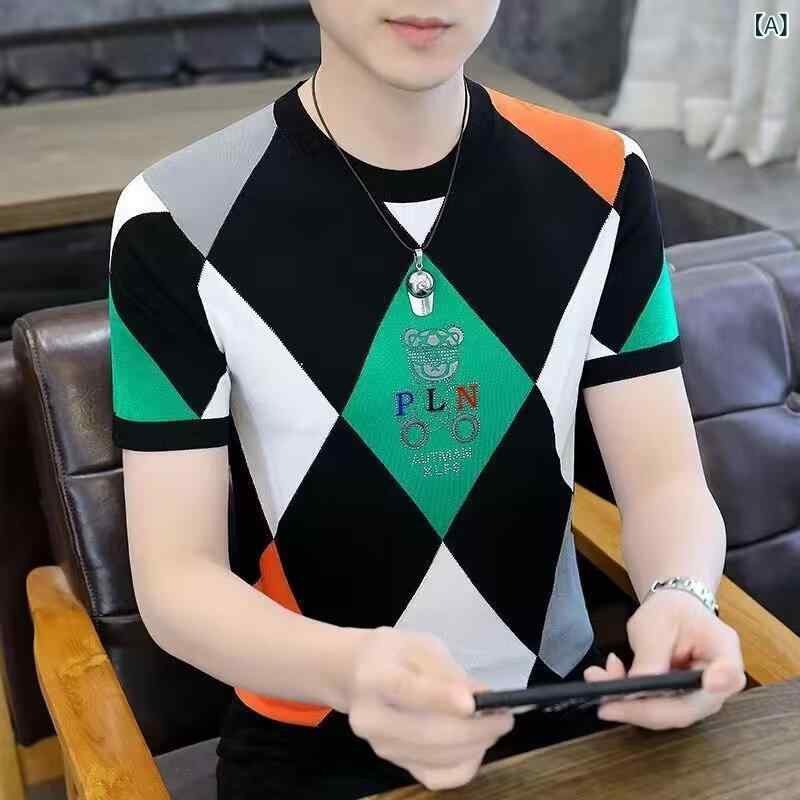Tシャツ メンズ 半袖 サマーニット トップス カットソー 接触冷感 カジュアル 丸首 プルオーバー ボーダー 切り替え 配色 普段使い 旅行 グリーン オレンジ ブラック