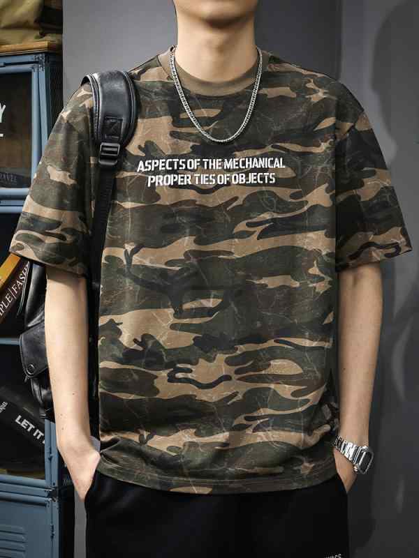 Tシャツ メンズ 男性用 半袖 トップス カットソー サマー ニット 迷彩柄 カモフラージュ 印花 プリント クルーネック 丸首 伸縮性 ストレッチ 通気性 薄手 吸汗 普段使い デイリー レジャー アメカジ ミリタリー 迷彩