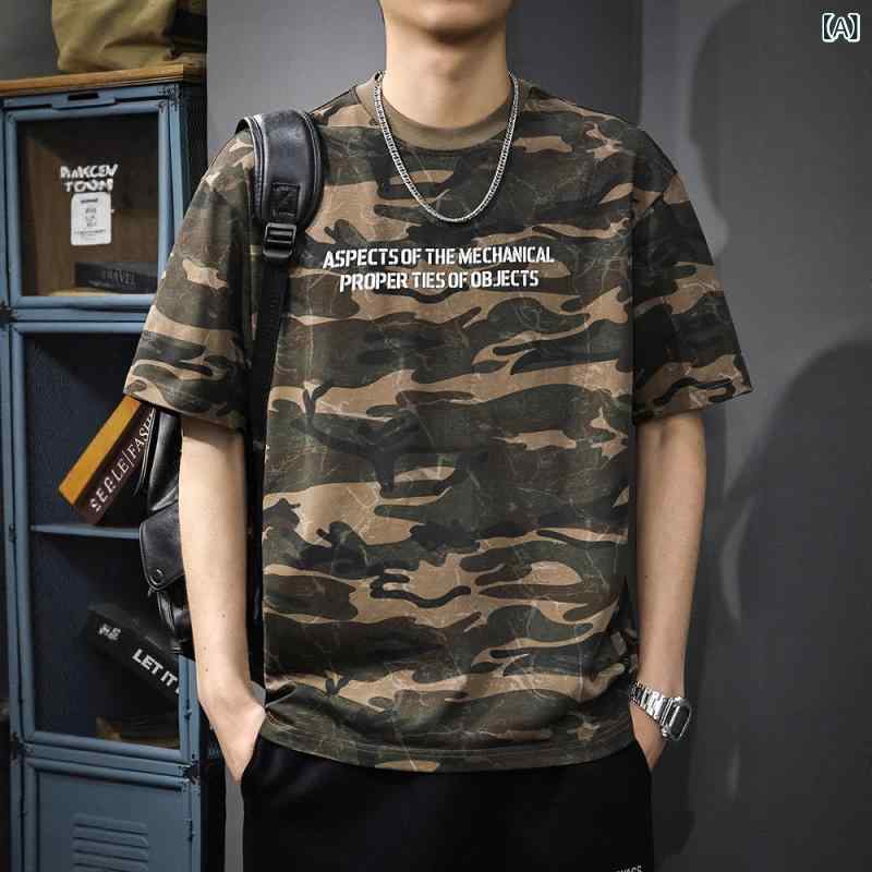 リメイクバディーのTシャツ メンズ 男性用 半袖 トップス カットソー サマー ニット 迷彩柄 カモフラージュ 印花 プリント クルーネック 丸首 伸縮性 ストレッチ 通気性 薄手 吸汗 普段使い デイリー レジャー アメカジ ミリタリー 迷彩｜アングル2