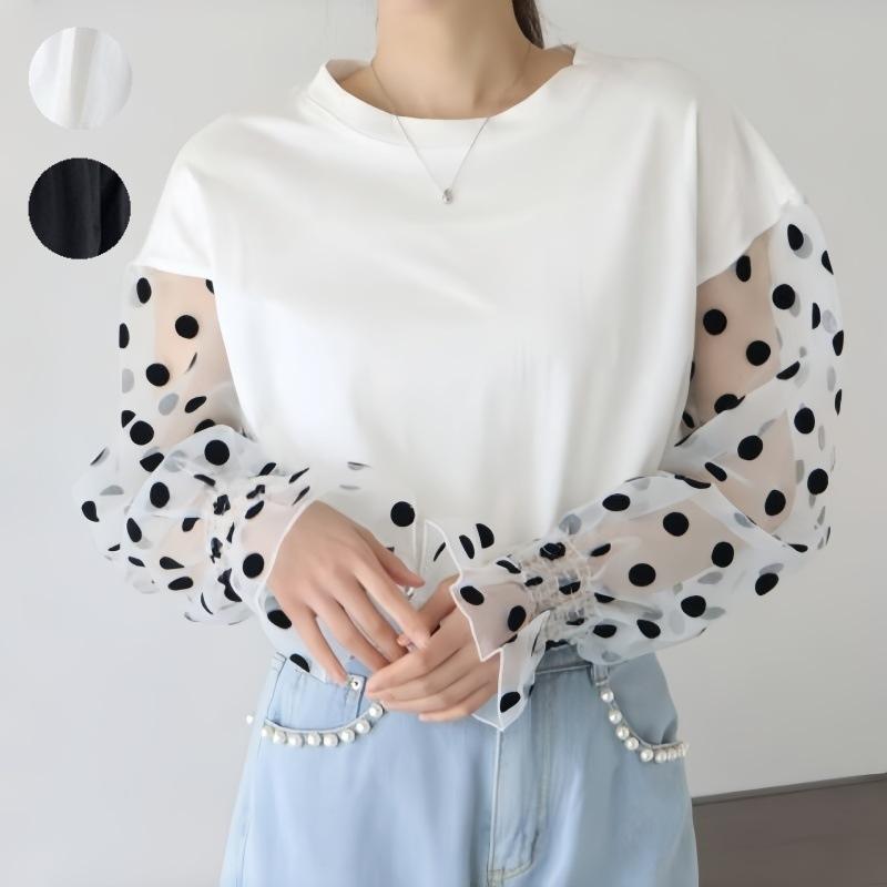 樂天商城 - Tシャツ レディース 長袖 カットソー トップス シースルー 透け感 ドット柄 水玉 チュール メッシュ 切り替え プルオーバー クルーネック 丸首 スリム フィット インナー カジュアル エレガント きれいめ 白 黒