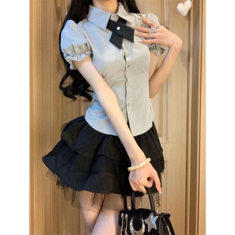 セットアップ レディース JK制服 シャツ 半袖 パフスリーブ トップス ハイウエスト...