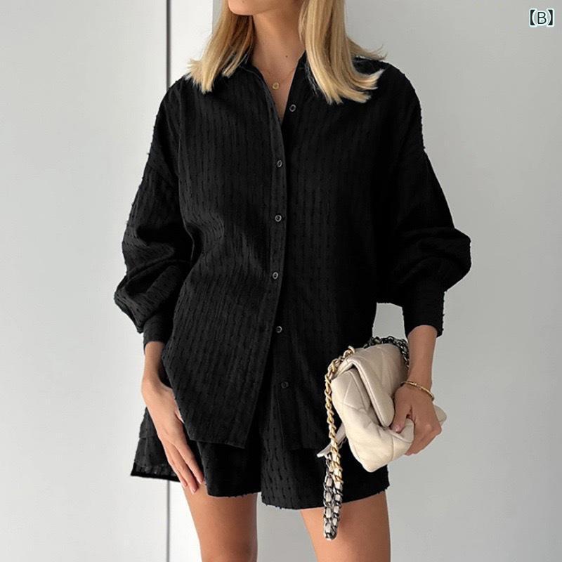 リメイクバディーのセットアップ レディース 春夏 長袖 シャツ ブラウス 提花 ジャガード バルーンスリーブ ボリューム袖 ショートパンツ ハーフパンツ 三分丈 2点上下セット カジュアル 部屋着 普段使い 綿 コットン ホワイト ブラック ピンク｜アングル3