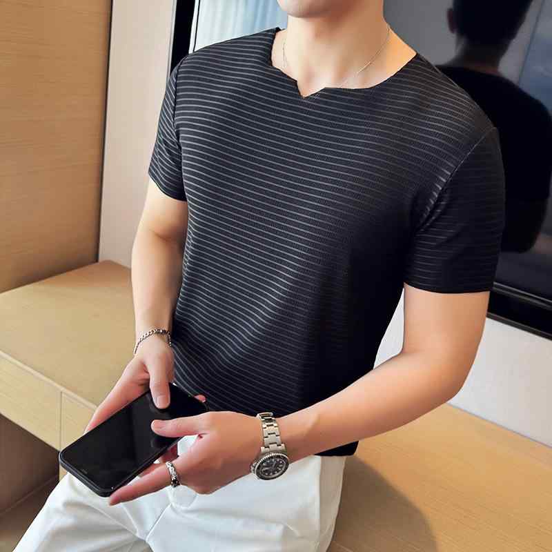 Tシャツ メンズ 男性用 半袖 トップス カットソー 接触冷感 シームレス ストレッチ 伸縮性 透かし彫り 横ボーダー サマーニット 薄手 ラウンドネック 丸首 普段使い カジュアル インナー ウェア 紳士 ブラック 黒