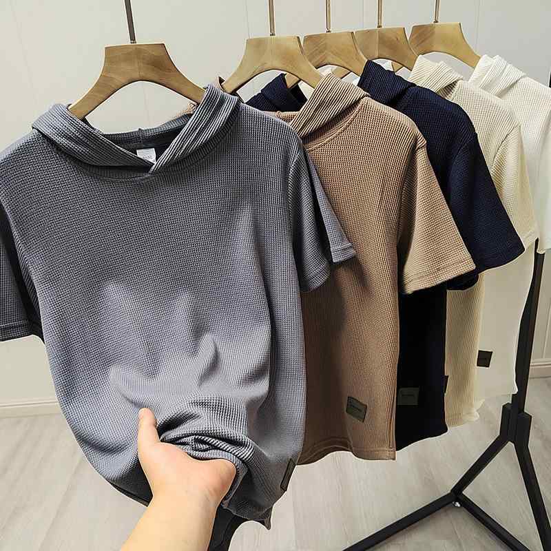 Tシャツ メンズ 半袖 フード付き パーカー プルオーバー カットソー ワッフル トップス カジュアル ゆったり ルーズ ビッグシルエット 薄手 無地 肌触り 通気性 快適 吸汗 涼しい サマー 春夏 ホワイト カーキ チャコール 普段着