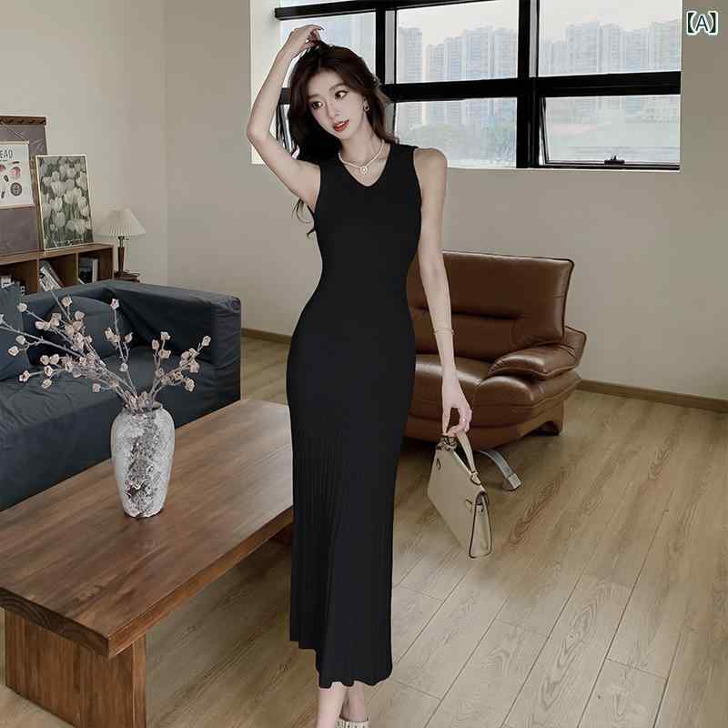ニットワンピース レディース 春夏 ノースリーブ ロング丈 細見え 着回し 韓国風 無地 きれいめ 上品 清楚 シンプル 普段着 デート 通勤 体型カバー 伸縮性 大人 カジュアル 柔らかい素材 remake-buddy-10771372 リメイクバディー サンプル画像2