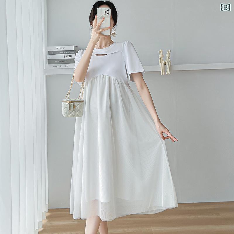 ワンピース マタニティ服 半袖 丸首 ロング丈 Aライン 切り替え チュール 二層 快...