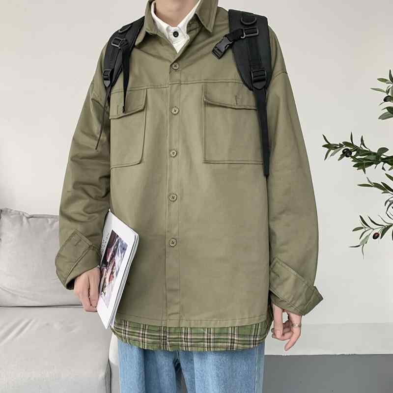 シャツ メンズ 長袖 秋服 トップス ヴィンテージ風 ワークシャツ 襟付き カジュアル ゆったり 無地 シンプル 羽織り アウター ビッグシルエット・面料: 化纤类混纺・機能: 透気・面料支数: 20支・スタイル: 通勤・款式: 開襟・版型: 緩め・襟型: 襟付き・袖丈: 長袖・柄: 拼色・厚さ: 普通・誤差範囲: 1-3・款式细节: ポケット装飾・主な素材: 聚酯繊維（ポリエステル）・利用シーン: カジュアル・カラー展開: ブラック, グリーン・サイズ展開: M, L, XL, 2XL・加工: 形態安定処理・対象年齢: 大人・性別: 男性・製品カテゴリ: シャツ