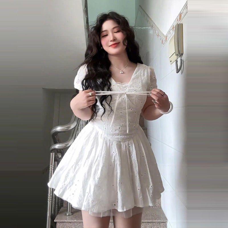 ワンピース レディース 春夏 ひざ丈 ホワイト レース フレンチスタイル ビッグシルエット ゆったり ウエストマーク 着痩せ 高級感 エレガント きれいめ フェミニン 大人かわいい カジュアル デート お出かけ 食事会