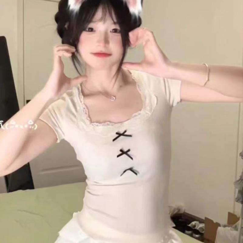トップス レディース 半袖 Tシャツ ジャカード レース バレエコア リボン フェミニン おしゃれ かわいい 上品 伸縮性 ショート丈・カテゴリ: Tシャツ・スタイル: クール・ネックライン: Uネック・袖丈: 半袖・カラー: ホワイト・サイズ: S, M, L, XL