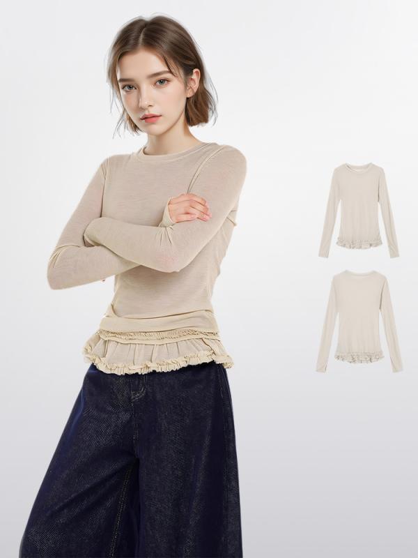 Tシャツ レディース フリル 長袖 ジャストショルダー スリムフィット ウエストシェイプ ショート丈 トップス 春秋 カットソー インナー きれいめ カジュアル シンプル 無地 おしゃれ 着回し 重ね着 通勤 通学 お出かけ・カテゴリ: Tシャツ・素材: テンセル（リヨセル）80-90%・素材2: 再生繊維（セルロース）30%以下・スタイル: 通勤、プルオーバー・袖丈: 長袖・シルエット: スリム・着丈: 50-65cm・ネックライン: クルーネック・袖の形状: レギュラー・カラー: アプリコット、グレー・サイズ: S、M、L