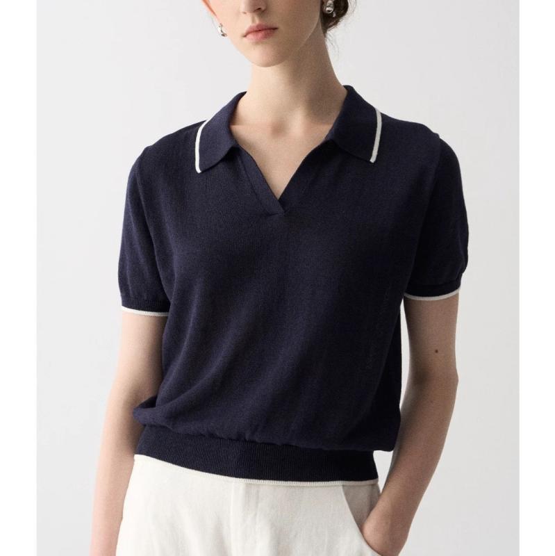 Tシャツ レディース 半袖 ニット ポロシャツ ネイビー Vネック ショート丈 スリム フィット ヴィンテージ風 タイト 薄手 サマー トップス カジュアル