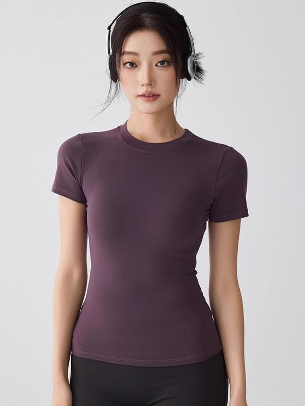 Tシャツ レディース 半袖 カットソー トップス 瑜伽 ヨガウェア 裸感 吸湿速乾 スポーツウェア 運動用 丸首 クルーネック スリム フィットネス ジム トレーニング ランニング 着痩せ 無地 シンプル カジュアル・カラー展開: 茄子色、丁香粉、ブラック、スワンホワイト、伯爵オレンジ・機能: 伸縮性・素材: ナイロン・素材成分: ナイロン80%、スパンデックス20%・サイズ展開: S、M、L、XL・袖丈: 半袖・シルエット: タイト・丈感: ウエスト丈・対象: 若年女性