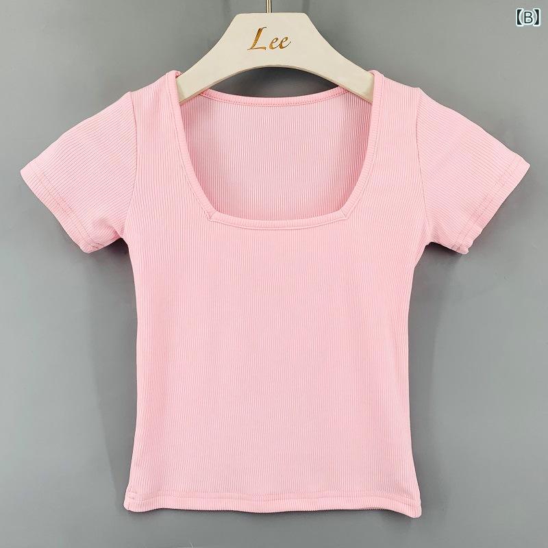 Tシャツ レディース カットソー 半袖 トップス プルオーバー チュニック スクエアネック ショート丈 スリム タイト フィット ストレッチ 伸縮性 無地 薄手 涼しい ピンク インナー カジュアル シンプル 普段使い 旅行 デート 春夏 サマー remake-buddy-10786919 リメイクバディー サンプル画像3