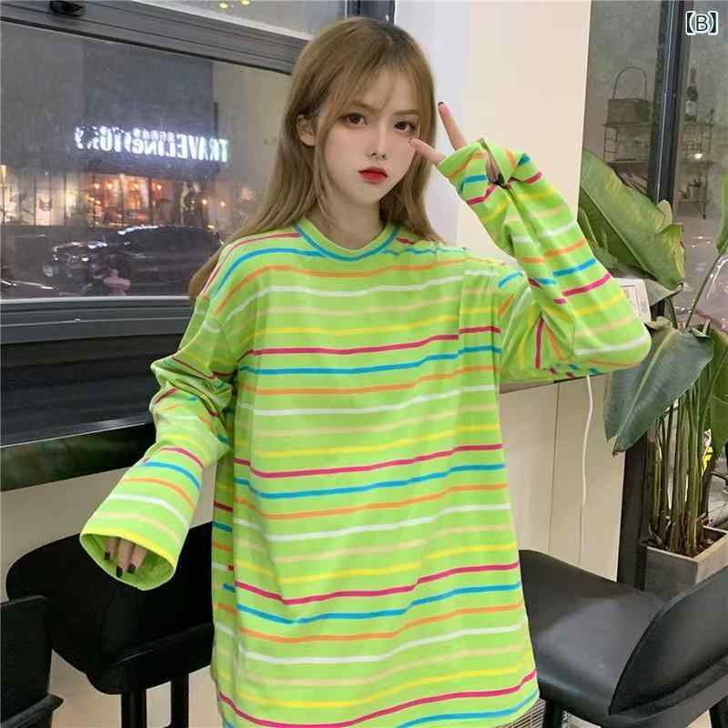 Tシャツ レディース カットソー プルオーバー トップス 長袖 クルーネック ラウンドネック 切り替え 配色 ボーダー しましま ストライプ 秋 秋冬 カジュアル ゆったり ビッグシルエット 華奢見え 薄手 スウェット トレーナー 韓国風 通学 remake-buddy-10789149 リメイクバディー サンプル画像3