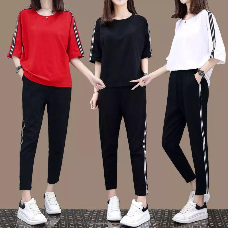 Tシャツ ハーフパンツ 上下セット セットアップ レディース トップス カットソー 半袖 クルーネック テーパードパンツ サルエルパンツ ジャージ スウェット スポーティー ストライプ 部屋着 ルームウェア 学生 カジュアル