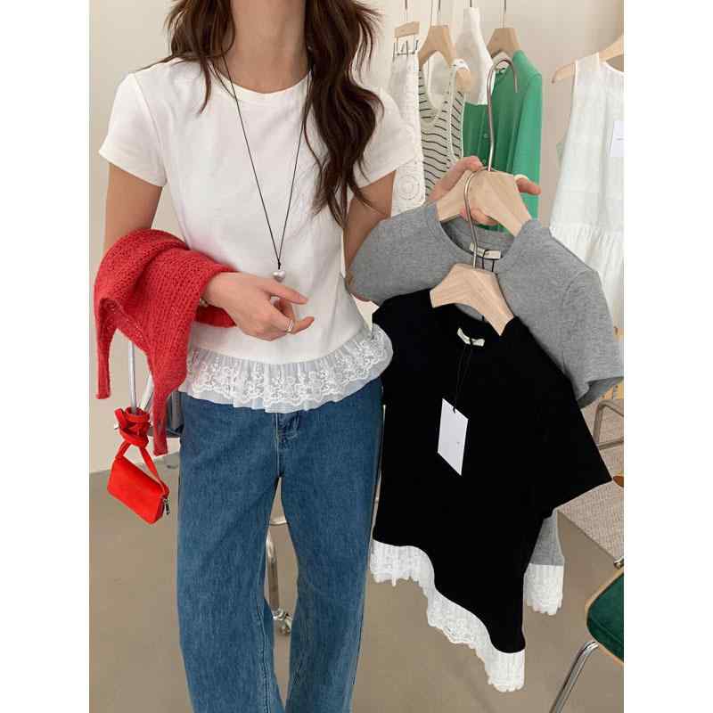 Tシャツ レディース 春夏 レース 花柄 フリル裾 半袖 カットソー ラウンドネック クルーネック プルオーバー トップス インナー シャツ フェミニン スウィート 上品 エレガント きれいめ カジュアル おしゃれ かわいい 伸縮性 remake-buddy-10790887 リメイクバディー パッケージ画像