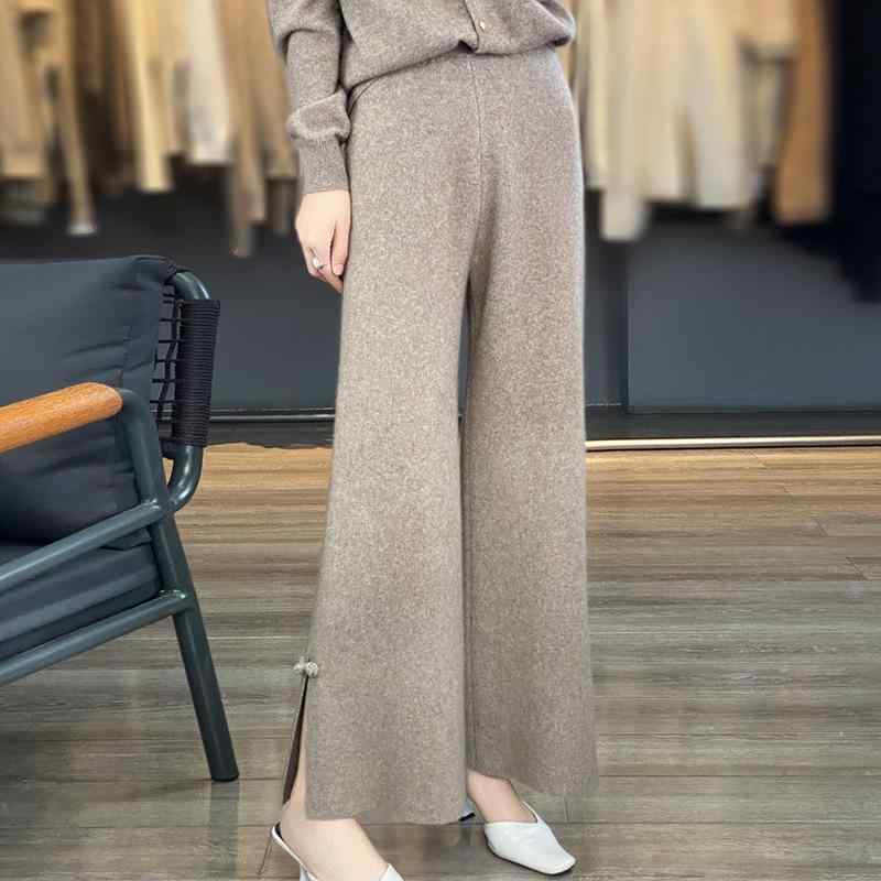 ワイドパンツ レディース 秋冬 ボトムス パンツ 羊毛 ウール 九分丈 センタースリット スリット スリット入り ゆるめ ゆったり ルーズ ストレート カジュアル ハイウエスト 暖かい 温かい 美脚 細見え 着痩せ 無地