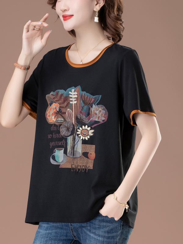 Tシャツ レディース カットソー 半袖 トップス プルオーバー 綿 100% コットン 母親 ミセス シニア 婦人服 50代 部屋着 普段使い お出かけ 涼しい 軽量 通気性 伸縮性 薄手 ゆったり 大きいサイズ 総柄 プリント カラフル 花柄 春夏 remake-buddy-10795059 リメイクバディー パッケージ画像
