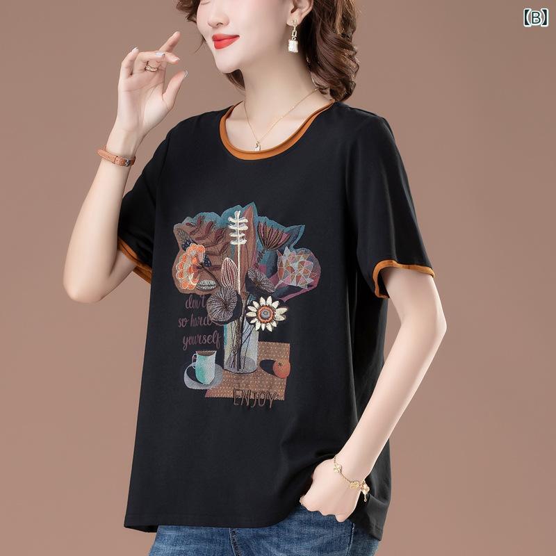 Tシャツ レディース カットソー 半袖 トップス プルオーバー 綿 100% コットン 母親 ミセス シニア 婦人服 50代 部屋着 普段使い お出かけ 涼しい 軽量 通気性 伸縮性 薄手 ゆったり 大きいサイズ 総柄 プリント カラフル 花柄 春夏 remake-buddy-10795059 リメイクバディー サンプル画像3