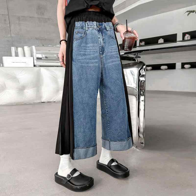 デニムパンツ レディース ジーンズ ストレート 九分丈 ヴィンテージ風 切り替え 配色 プリーツ 伸縮性 カジュアル ゆったり オールシーズン
