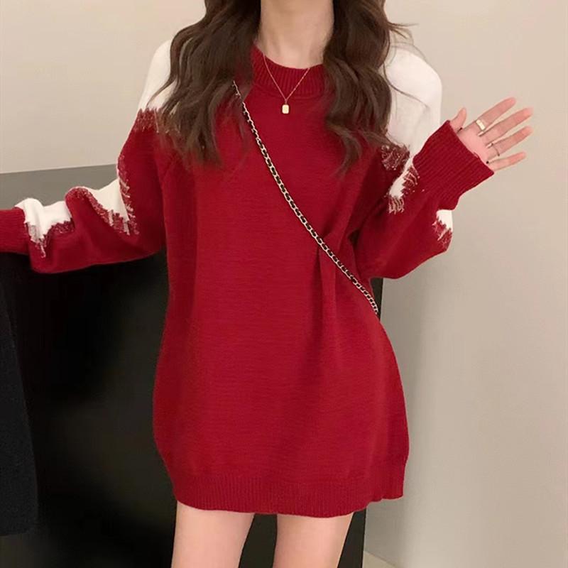 ニット セーター レディース 秋冬 長袖 もこもこ ゆるふわ ゆったり トップス プルオーバー 配色 切り替え 柔らかい 暖かい お洒落 カジュアル フェミニン お出かけ 普段使い 防寒・カテゴリ: 毛衣・素材: 涤纶（聚酯纤维）、锦纶、绵羊绒・柄: 拼色・スタイル: カジュアル・ネックライン: 圆领・袖丈: 长袖・シルエット: 宽松型・袖型: 常规袖・着丈: 中长款(65cm<衣长≤80cm)・カラー展開: 红色, 黒色, 驼色・サイズ展開: 均码・着用方法: 套头