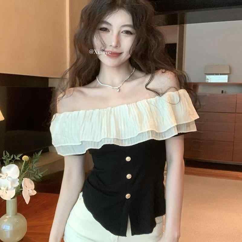 Tシャツ レディース カットソー トップス 半袖 オフショルダー バイカラー フリル 不規則 アシンメトリー ショート丈 スリム フィット クルーネック プルオーバー インナー 無地 夏 サマー 薄手 伸縮性 ストレッチ 涼しい カジュアル フェミニン
