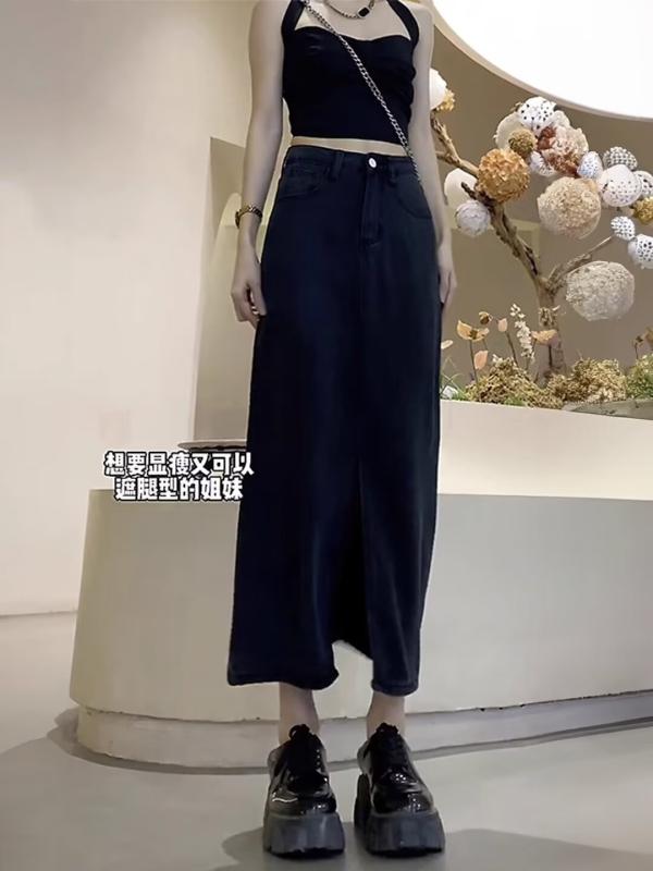 デニムスカート レディース 秋 ロング丈 Aライン ハイウエスト 着痩せ 体型カバー ボタン付き 再生繊維