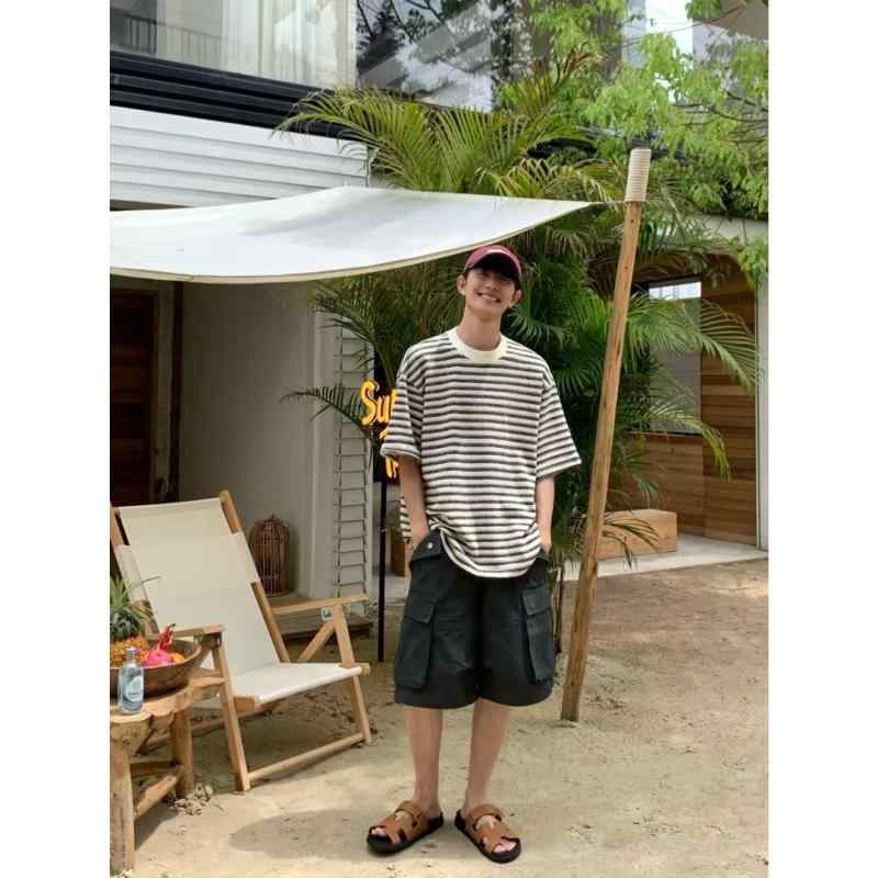 Tシャツ メンズ 半袖 ボーダー クルーネック 綿 切り替え トップス カジュアル 普段使い シンプル 重ね着風 ゆったり フィット感 肌触り 着回し デイリー 春夏 通学 通勤 紳士服 大人 おしゃれ インナー コットン