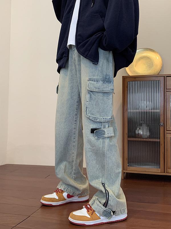 デニムパンツ メンズ 春夏 ワイドパンツ ストレート ビンテージ風 ワークパンツ ジーンズ ジーパン カジュアル ゆったり ストリート系 ハイストリート・スタイル: 美式・款式: 工装裤・裤型: 直筒型・裤长: 长裤・腰型: 中腰・厚薄: 普通・面料名称: デニム・主面料成分: ポリエステル・主面料成分の含量: 30%・適用シーン: 日常・スタイル詳細: ジッパー装飾・伸縮性: 微弾・裾口デザイン: 直筒・加工: 形態安定加工・カラー展開: ブラック, ブルー・サイズ展開: S, M, L, XL, 2XL, 3XL・加工: 水洗い・対象年齢層: 大人・対象性別: 男性・製品カテゴリ: ジーンズ