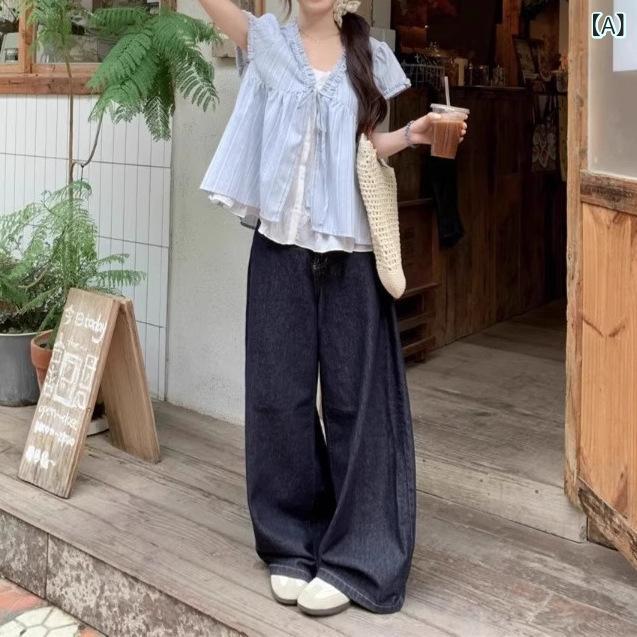 トップス レディース ブラウス 半袖 ストライプ柄 切り替え風 フレンチスタイル 大きいサイズ ゆったり 体型カバー 着痩せ カジュアル 普段使い 通勤用 通学用 オールシーズン remake-buddy-10853399 リメイクバディー サンプル画像2