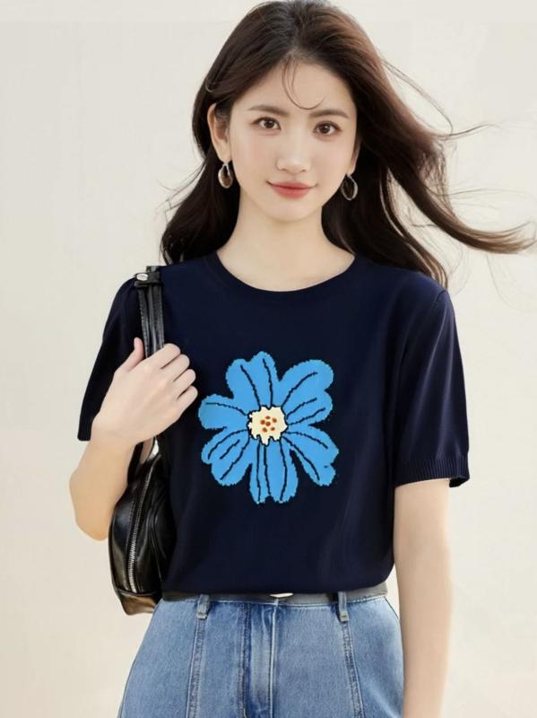 Tシャツ レディース ニット 半袖 ジャガード ブルー 接触 薄手 クルーネック ゆったり カジュアル トップス