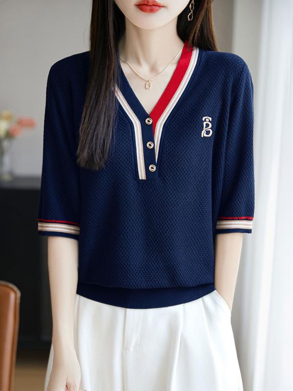 Tシャツ レディース 半袖 Vネック 接触 ニット 切り替え 刺繍 おしゃれ カジュアル 春夏