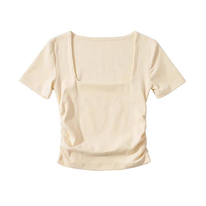 Tシャツ レディース 半袖 カットソー スクエアネック 伸縮性 ギャザー トップス キャンディカラー スリムフィット カジュアル 無地 おしゃれ・素材: 綿混紡・主な素材成分: 綿・柄: 無地・スタイル: プルオーバー・袖丈: 半袖・加工: 高温セット加工・フィット感: スリム・襟型: スクエアネック・袖型: スタンダード・カラー展開: ブラック、ホワイト、チャコールグレー、アプリコット、ローズピンク、ブルー、パープル・サイズ展開: S、M・スタイルタイプ: ストリート系・主素材配合率: 30%-50%・テイスト: 欧米風・カテゴリ: Tシャツ