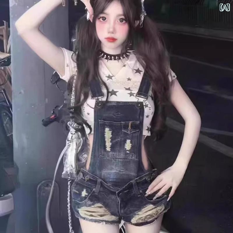 サロペット デニムパンツ レディース ショートパンツ オーバーオール ジーンズ ジーパン 短パン ボトムス ロンパース ハイウエスト 薄手 ヴィンテージ風 ダメージ加工 クラッシュ つなぎ アメリカン カジュアル レトロ ブルー remake-buddy-10862117 リメイクバディー サンプル画像2