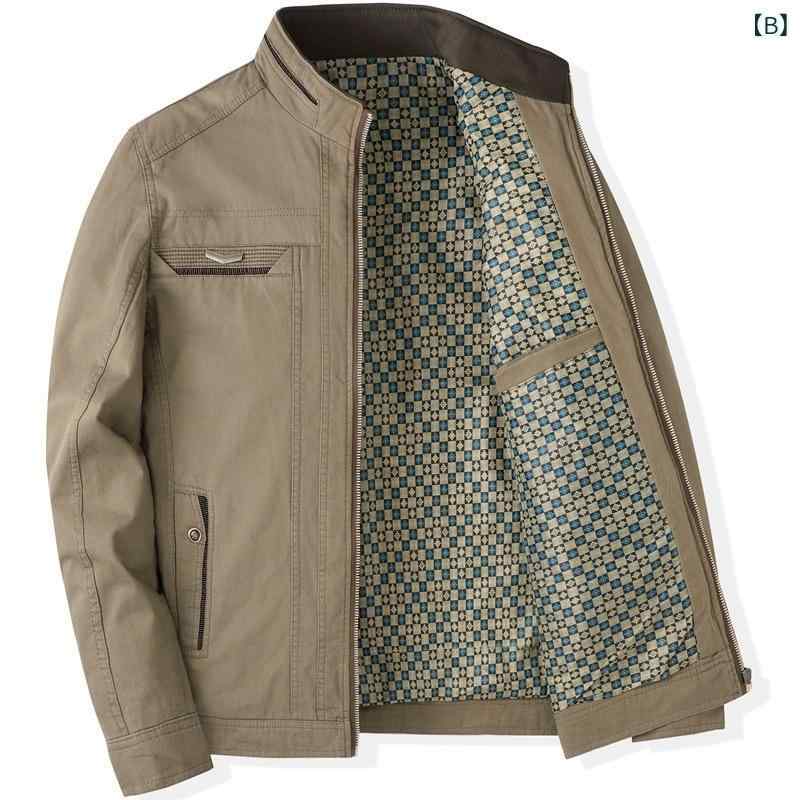 ジャケット メンズ 紳士服 アウター トップス 立ち襟 フルジップ スナップボタン 綿 コットン 裏地付き 無地 カジュアル 長袖 春秋 秋冬 おじさん シニア 40代 カーキ ダークグリーン ネイビー remake-buddy-10867551 リメイクバディー サンプル画像2