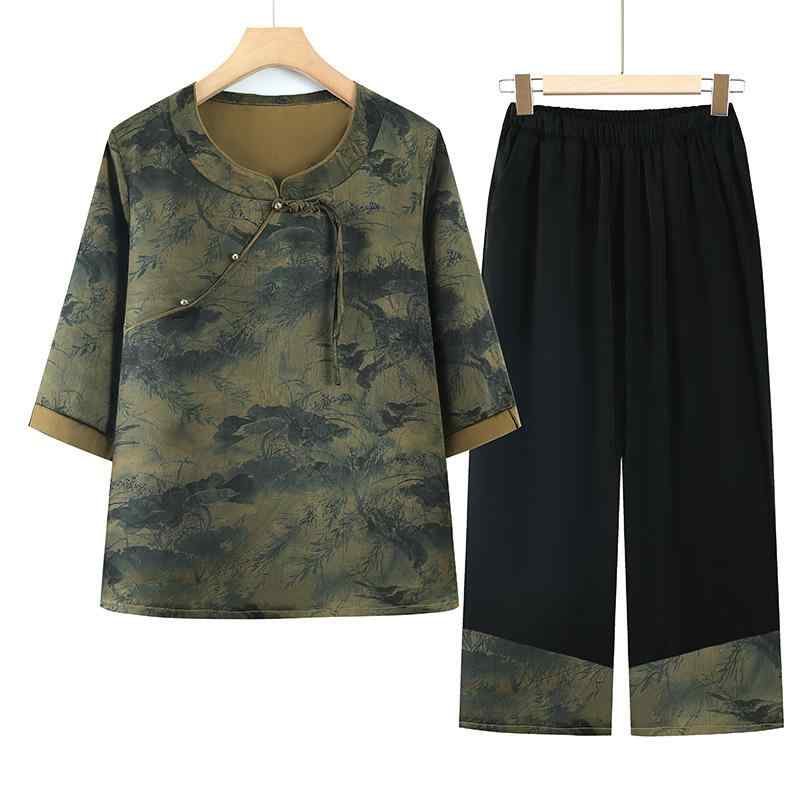 セットアップ レディース ミドル世代 シニア 婦人服 民族風 エスニック Tシャツ 七分袖 トップス パンツ 2点セット 無地 切り替え レースアップ 快適 カジュアル 通気性 体型カバー 黄 緑 remake-buddy-10870950 リメイクバディー パッケージ画像