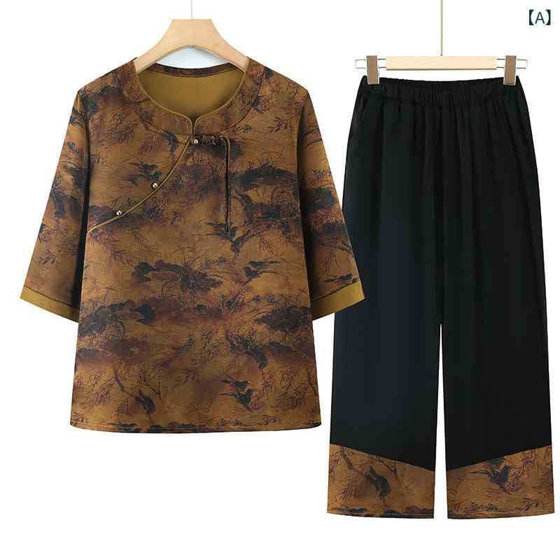 セットアップ レディース ミドル世代 シニア 婦人服 民族風 エスニック Tシャツ 七分袖 トップス パンツ 2点セット 無地 切り替え レースアップ 快適 カジュアル 通気性 体型カバー 黄 緑 remake-buddy-10870950 リメイクバディー サンプル画像2