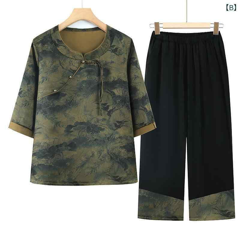 セットアップ レディース ミドル世代 シニア 婦人服 民族風 エスニック Tシャツ 七分袖 トップス パンツ 2点セット 無地 切り替え レースアップ 快適 カジュアル 通気性 体型カバー 黄 緑 remake-buddy-10870950 リメイクバディー サンプル画像3