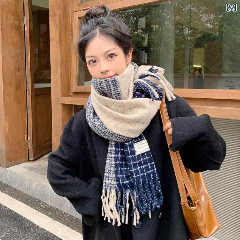 マフラー ストール メンズ レディース 冬 保温 防寒 フリンジ チェック柄 カシミヤタッチ ショール 旅行 デート 通学 ネイビー コーヒー カーキ 200×64cm remake-buddy-10871721 リメイクバディー サンプル画像2