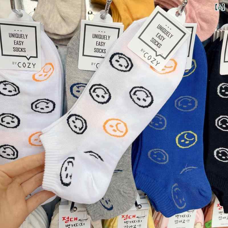 靴下 メンズ 紳士 ソックス 接触冷感 短筒 メッシュ 通気性 吸汗 笑い顔 カジュアル 綿 春 夏 秋 10代 20代 通勤 通学 旅行 プレゼント 白 灰 青 黒 スポーティー(x5)